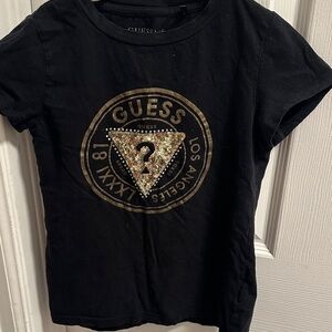 GUESS Black Tee with Gold Sequin Triangle Logo